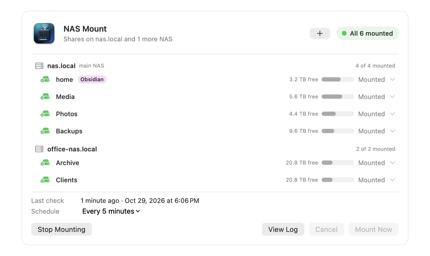NAS Mount page with shares grouped by NAS: four on nas.local, the main NAS, and two on office-nas.local, each with its free space.