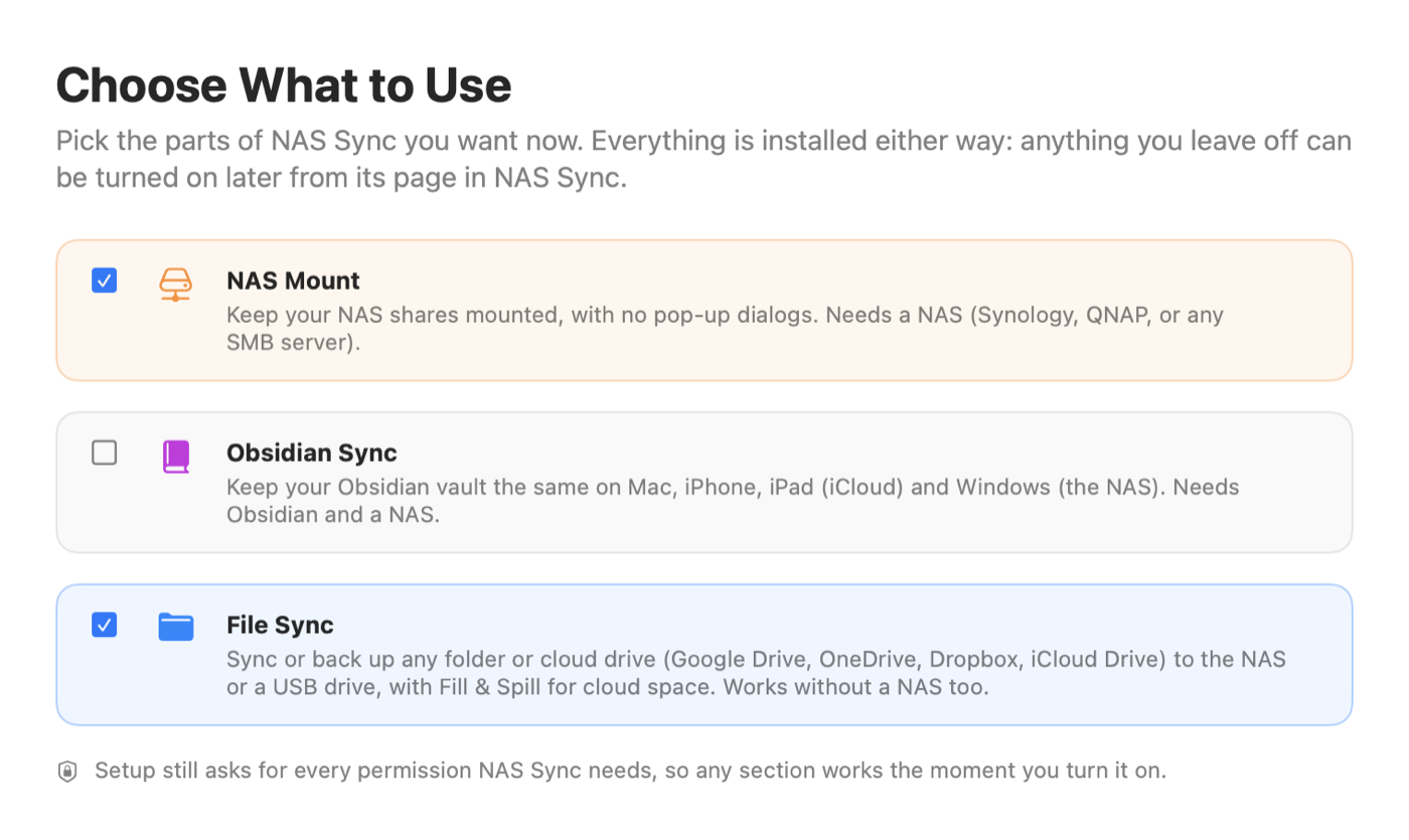 Setup's Choose What to Use step with checkboxes for NAS Mount, Obsidian Sync and File Sync.