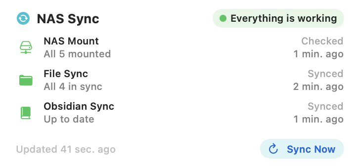 Medium widget: NAS Mount, File Sync and Obsidian Sync with their status and last run, and Sync Now.